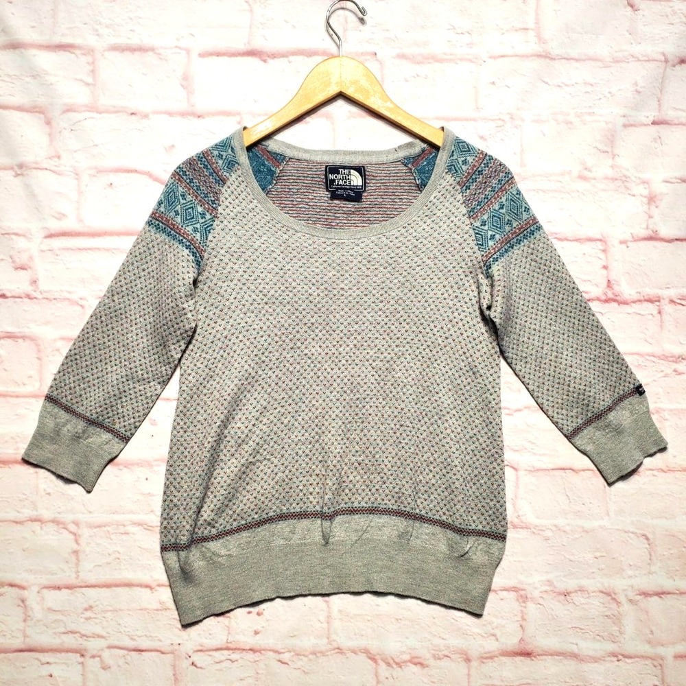 The North Face Women's Gray and Teal Patterned Sweater